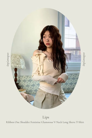 Lips Diagonal Team Ribbon One Shoulder Long Sleeve T-Shirt