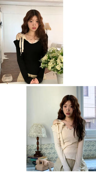 Lips Diagonal Team Ribbon One Shoulder Long Sleeve T-Shirt