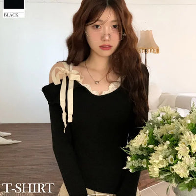 Lips Diagonal Team Ribbon One Shoulder Long Sleeve T-Shirt
