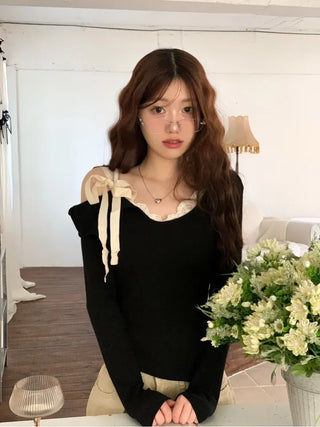 Lips Diagonal Team Ribbon One Shoulder Long Sleeve T-Shirt