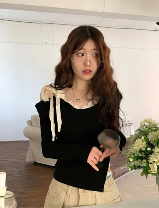Lips Diagonal Team Ribbon One Shoulder Long Sleeve T-Shirt