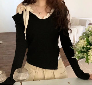 Lips Diagonal Team Ribbon One Shoulder Long Sleeve T-Shirt