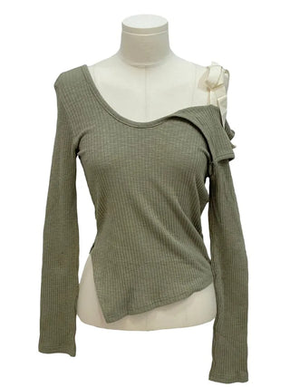 Lips Diagonal Team Ribbon One Shoulder Long Sleeve T-Shirt