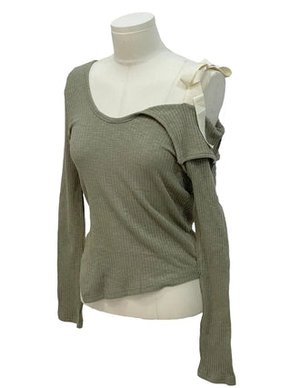 Lips Diagonal Team Ribbon One Shoulder Long Sleeve T-Shirt