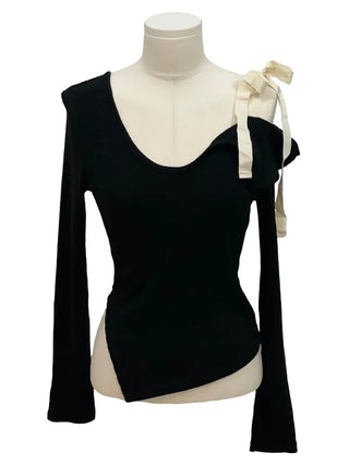 Lips Diagonal Team Ribbon One Shoulder Long Sleeve T-Shirt