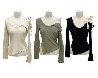 Lips Diagonal Team Ribbon One Shoulder Long Sleeve T-Shirt