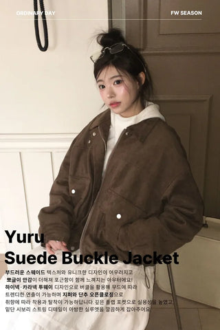 Yuru Avan loose fit high neck suede fleece lining buckle jacket jumper