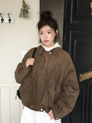 Yuru Avan loose fit high neck suede fleece lining buckle jacket jumper