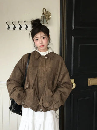Yuru Avan loose fit high neck suede fleece lining buckle jacket jumper