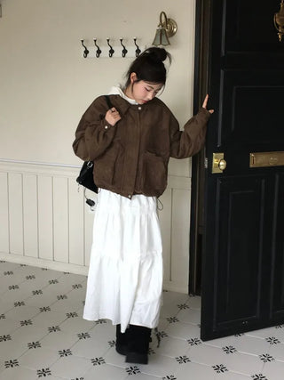 Yuru Avan loose fit high neck suede fleece lining buckle jacket jumper
