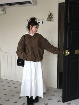 Yuru Avan loose fit high neck suede fleece lining buckle jacket jumper