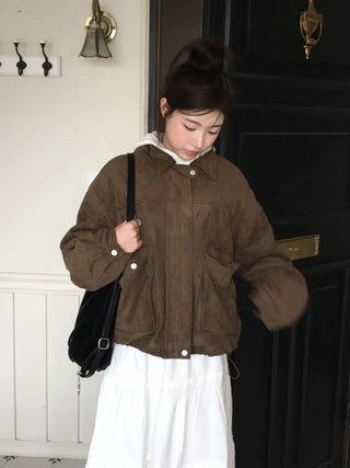 Yuru Avan loose fit high neck suede fleece lining buckle jacket jumper