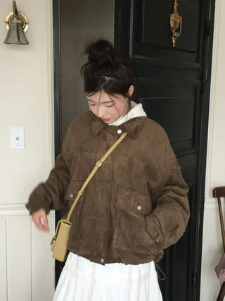 Yuru Avan loose fit high neck suede fleece lining buckle jacket jumper