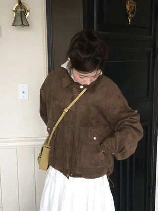 Yuru Avan loose fit high neck suede fleece lining buckle jacket jumper