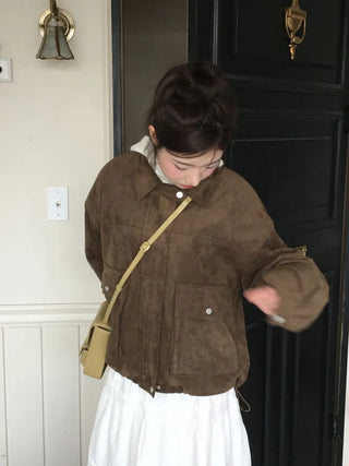 Yuru Avan loose fit high neck suede fleece lining buckle jacket jumper