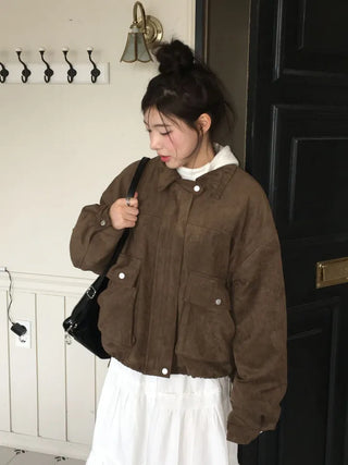 Yuru Avan loose fit high neck suede fleece lining buckle jacket jumper