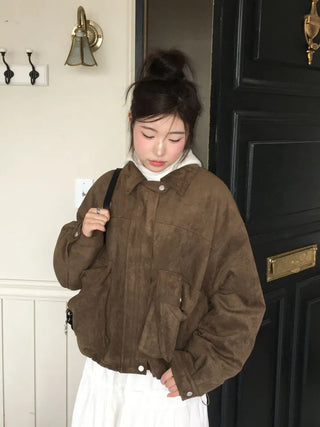 Yuru Avan loose fit high neck suede fleece lining buckle jacket jumper