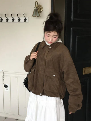 Yuru Avan loose fit high neck suede fleece lining buckle jacket jumper