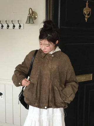Yuru Avan loose fit high neck suede fleece lining buckle jacket jumper