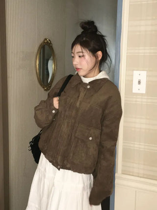 Yuru Avan loose fit high neck suede fleece lining buckle jacket jumper