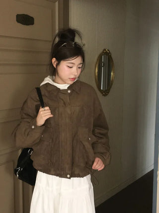 Yuru Avan loose fit high neck suede fleece lining buckle jacket jumper