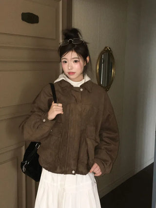 Yuru Avan loose fit high neck suede fleece lining buckle jacket jumper