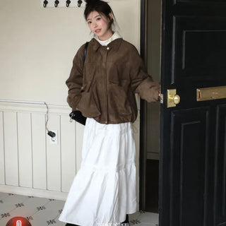Yuru Avan loose fit high neck suede fleece lining buckle jacket jumper