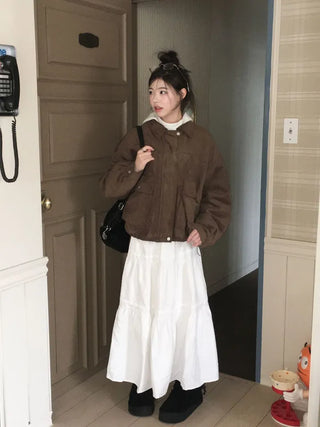 Yuru Avan loose fit high neck suede fleece lining buckle jacket jumper