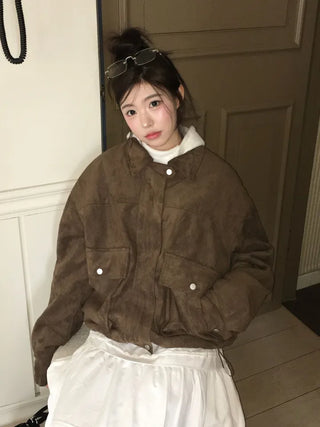 Yuru Avan loose fit high neck suede fleece lining buckle jacket jumper