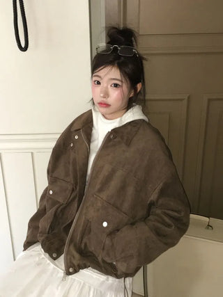 Yuru Avan loose fit high neck suede fleece lining buckle jacket jumper