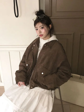 Yuru Avan loose fit high neck suede fleece lining buckle jacket jumper