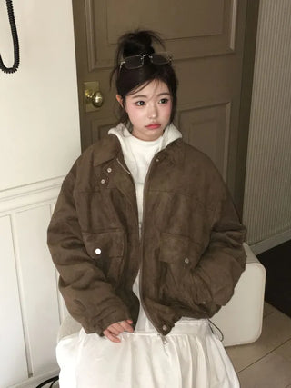 Yuru Avan loose fit high neck suede fleece lining buckle jacket jumper