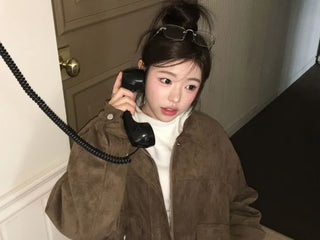 Yuru Avan loose fit high neck suede fleece lining buckle jacket jumper