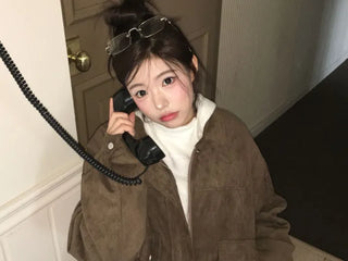 Yuru Avan loose fit high neck suede fleece lining buckle jacket jumper