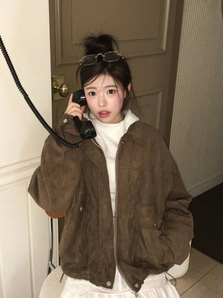 Yuru Avan loose fit high neck suede fleece lining buckle jacket jumper
