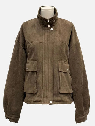 Yuru Avan loose fit high neck suede fleece lining buckle jacket jumper