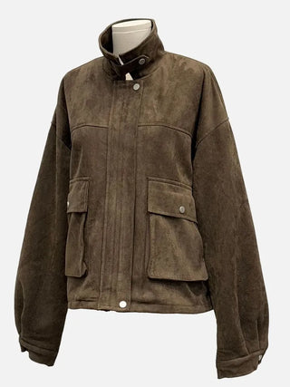 Yuru Avan loose fit high neck suede fleece lining buckle jacket jumper