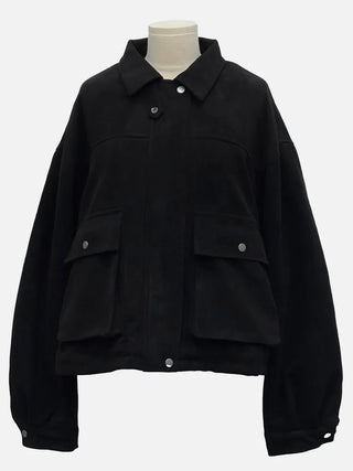 Yuru Avan loose fit high neck suede fleece lining buckle jacket jumper
