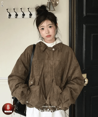 Yuru Avan loose fit high neck suede fleece lining buckle jacket jumper