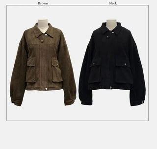 Yuru Avan loose fit high neck suede fleece lining buckle jacket jumper