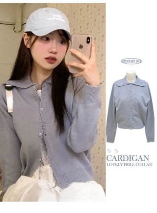 Cloud Lovely Frill Collar Lovely Button Long Sleeve Knit Cardigan