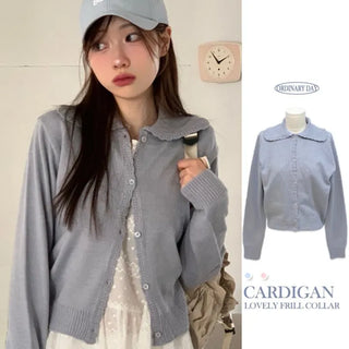 Cloud Lovely Frill Collar Lovely Button Long Sleeve Knit Cardigan