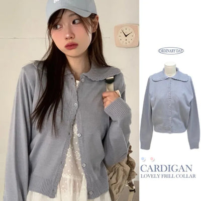 Cloud Lovely Frill Collar Lovely Button Long Sleeve Knit Cardigan