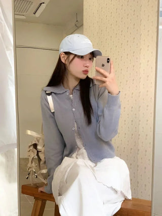 Cloud Lovely Frill Collar Lovely Button Long Sleeve Knit Cardigan