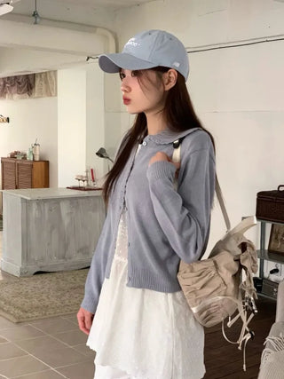 Cloud Lovely Frill Collar Lovely Button Long Sleeve Knit Cardigan