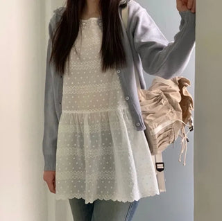 Cloud Lovely Frill Collar Lovely Button Long Sleeve Knit Cardigan