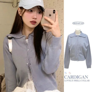 Cloud Lovely Frill Collar Lovely Button Long Sleeve Knit Cardigan