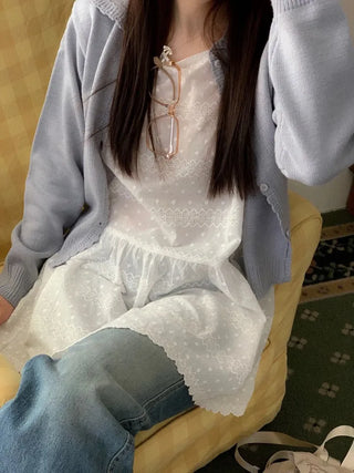 Cloud Lovely Frill Collar Lovely Button Long Sleeve Knit Cardigan