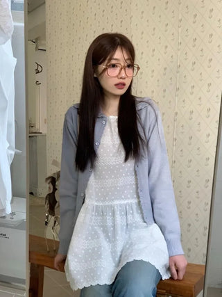 Cloud Lovely Frill Collar Lovely Button Long Sleeve Knit Cardigan
