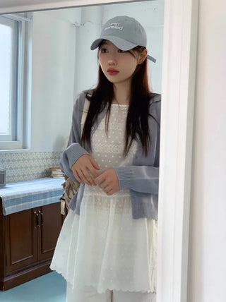 Cloud Lovely Frill Collar Lovely Button Long Sleeve Knit Cardigan